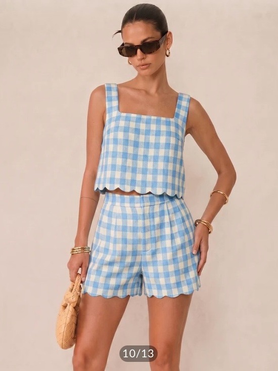 Commense Pants - Commense Blue and White Gingham Scalloped Hem Shorts